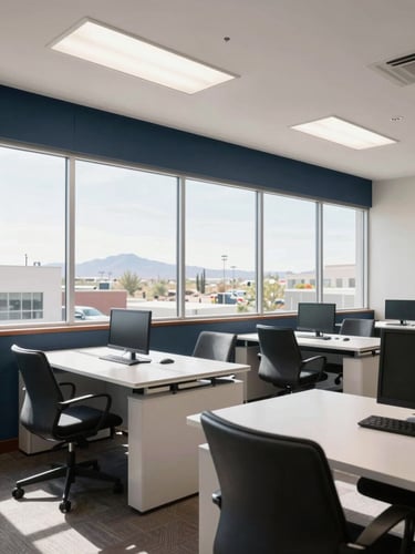 A professional commercial workspace in Mesa, Arizona, bright daylight, clean modern office interior with large windows, 35mm editorial photography