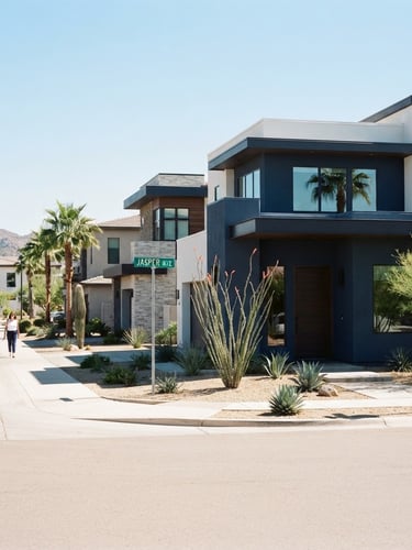 A bright Arizona daylight editorial shot of a modern Mesa residential streetscape with clean architectural lines, deep navy shadows, 35mm.