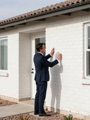 An insurance advisor in professional attire inspecting the exterior brickwork of a modern Mesa residence, bright Arizona daylight, natural shadows, editorial corporate style.