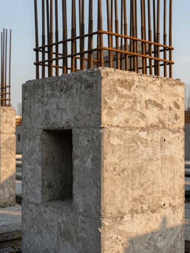 Close-up of a massive concrete foundation structure with exposed steel rebar, industrial scale, golden hour light highlighting the texture of raw concrete