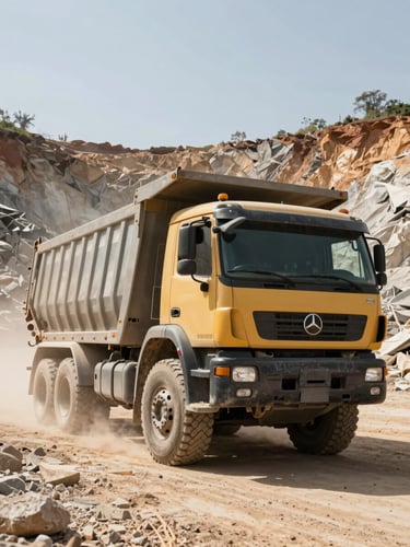 Low-angle heroic shot of a heavy transport truck parked in an active West African quarry, harsh midday sun, dust in the air, industrial scale