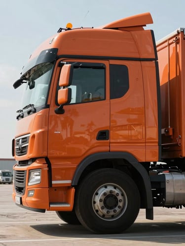 Portrait shot of a heavy-duty orange transport truck cabin parked in a dry-port terminal, low-angle heroic framing, harsh daylight reflecting off the metallic surface.