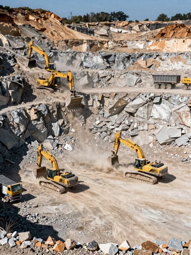Wide panoramic view of an active dusty quarry at midday, massive yellow excavators loading branded dump trucks, harsh sunlight highlighting the raw rock face.