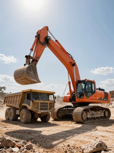 Low-angle heroic shot of a heavy orange excavator loading a haul truck in a dusty West African quarry, harsh midday sun casting sharp shadows, high-contrast industrial environment.