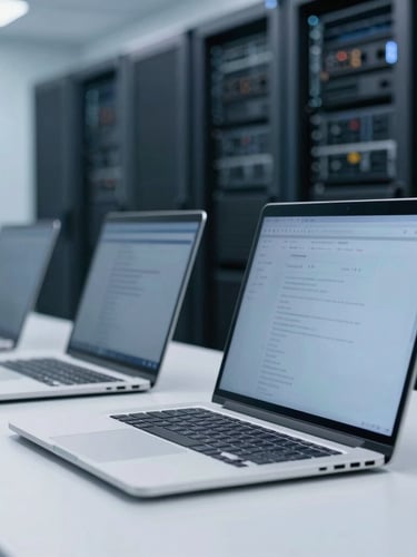 Close-up of clean corporate technology, professional workstation with high-end laptops and a server rack blurred in the background, cool blue tones