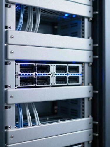 Close-up of clean, organized server rack cabling with soft blue indicator lights, focus on structured network architecture, crisp corporate photography
