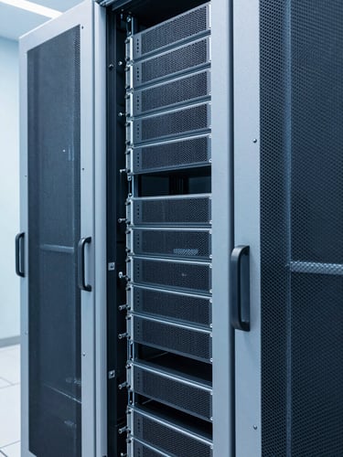 Crisp corporate photography of a modern high-end server room, cool blue and white tones, sharp focus on structured server racks, 35mm lens