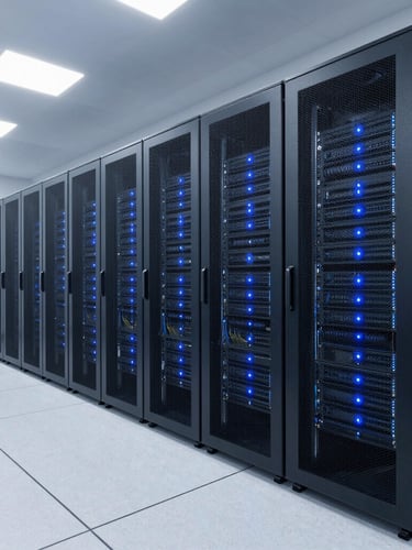 Wide architectural shot of a modern enterprise server room with clean blue status lights, structured cabling, cool corporate lighting, 35mm lens