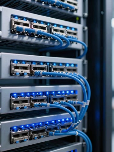 Macro shot of modern enterprise server rack with clean blue LED indicator lights, organized ethernet cabling, cool corporate lighting, shallow depth of field.