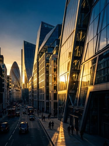 Wide architectural shot of London Wall at golden hour, sharp angles, high-contrast light, reflections on glass, deep navy and sunbeam gold tones, 35mm