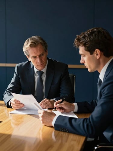 Candid shot of two executives in a modern boardroom, discussing financial documents, high-contrast directional light, deep navy and warm gold tones, tight crop, 35mm editorial B2B photography.