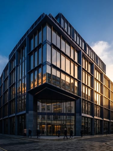Wide architectural shot of the 65 London Wall facade in high-contrast morning light, golden hour reflection on glass, deep navy tones, sharp angles, 35mm editorial B2B photography.