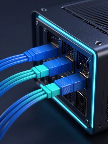 Macro close-up of server hardware, glowing blue and cyan fiber optic cables, high-contrast dark-mode studio lighting, ultra-sharp focus