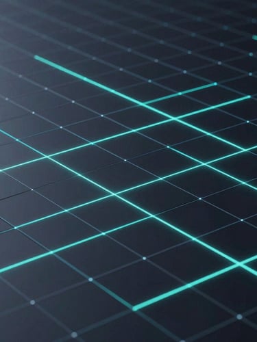Sleek dark-mode 3D render of abstract digital grid, glowing neon cyan edge-lights, deep slate background, ultra-sharp focus