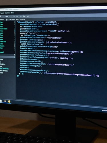 Close-up of a terminal window on a dark monitor showing network scan output and command lines, cool blue text on near-black background, sharp studio lighting, screen centered in frame with keyboard edge visible below