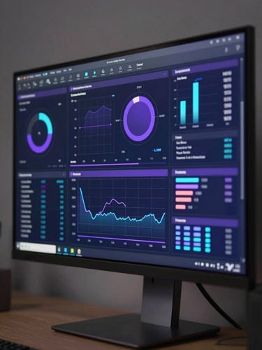 Angled close-up of a wide monitor displaying a real-time analytics dashboard with purple and blue data visualizations, dark UI, precise typography, cool even studio lighting from the left, no reflections on screen, desk surface partially visible at bottom edge