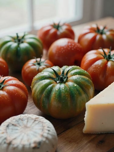 Close-up macro shot of fresh heirloom tomatoes and artisanal cheeses arranged on a wooden market table, soft side lighting, rich green and red tones.