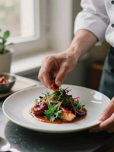 Close-up of hands of a chef plating a fresh seasonal dish in a warm Scandinavian-style kitchen, soft window light, rich crimson and forest green accents, shallow depth of field, 35mm film look