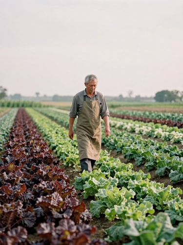 A local farmer in a canvas apron walking through rows of leafy greens under soft overcast daylight, wide environmental shot, rich green tones, 35mm film style.
