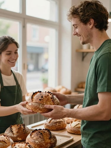 Candid shot of a local baker handing a warm, rustic sourdough loaf to a smiling customer in a bright, modern food hall, natural window light.