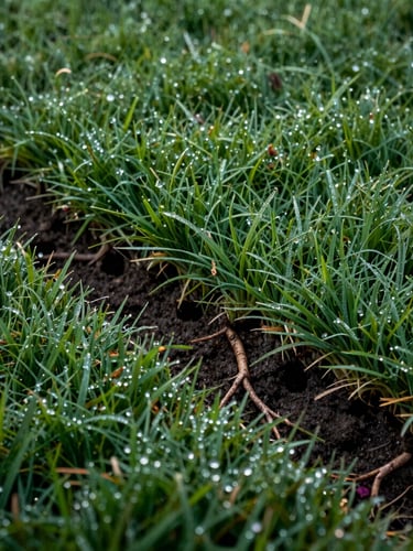 A close-up, low-angle shot of vibrant, deep-rooted grass turf with clean soil aeration holes visible under soft morning dew.