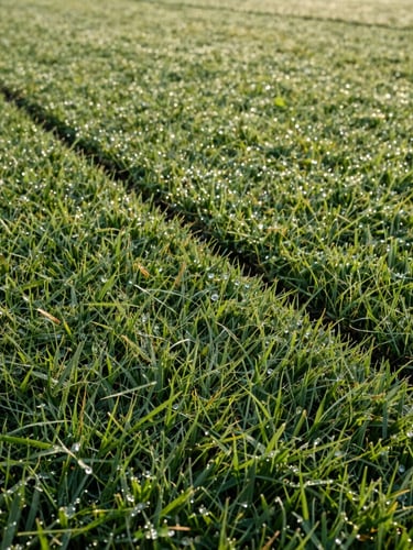 Low-angle turf-level shot of razor-sharp lawn edges and clean striping patterns, dew on the grass, crisp morning light.