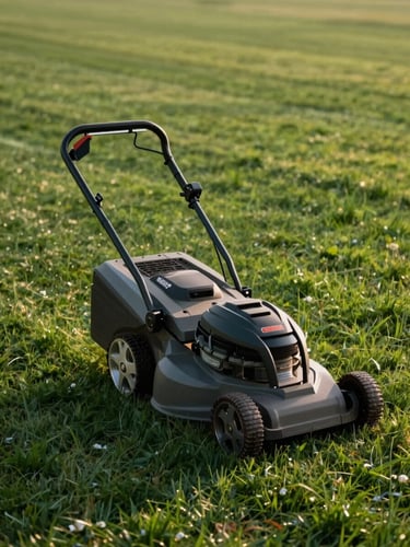 A professional electric lawn mower gliding silently over deep green grass, leaving clean, defined striping patterns under soft late-afternoon golden hour light.