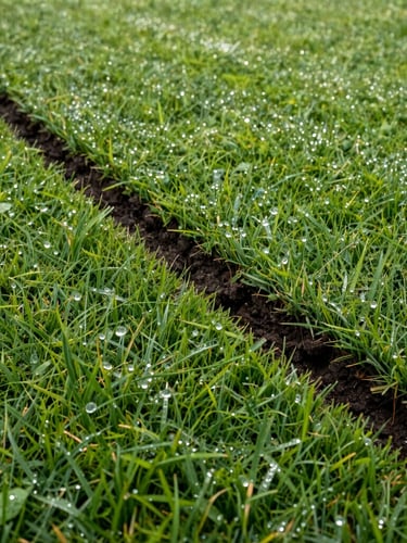 Low-angle turf-level shot of a crisp, freshly cut lawn edge with sharp soil definition, clean green striping, bright morning dew.