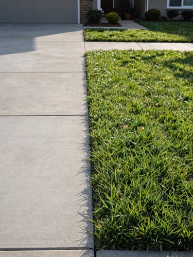 A pristine suburban driveway border with clean-swept concrete and a razor-sharp vertical lawn edge under soft afternoon sun.