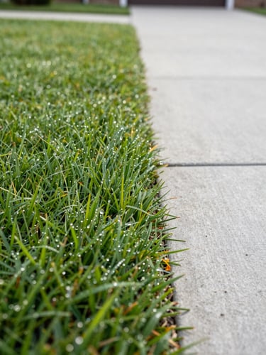 Low-angle close-up of a perfectly manicured lawn edge against a clean concrete driveway, crisp morning dew visible on the grass blades, bright natural light.