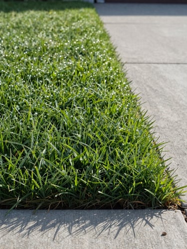 Low-angle close-up of a perfectly manicured lawn with razor-sharp edges along a clean concrete driveway, crisp morning dew sparkling on the deep green grass blades, clear morning light.