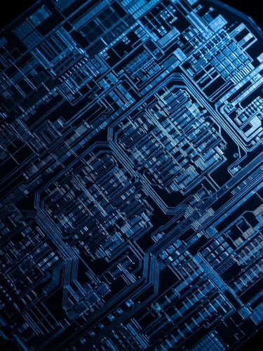 Extreme macro shot of physical silicon wafer under cool-toned high-contrast studio lighting, deep black background with electric blue light reflecting off micro-circuits.