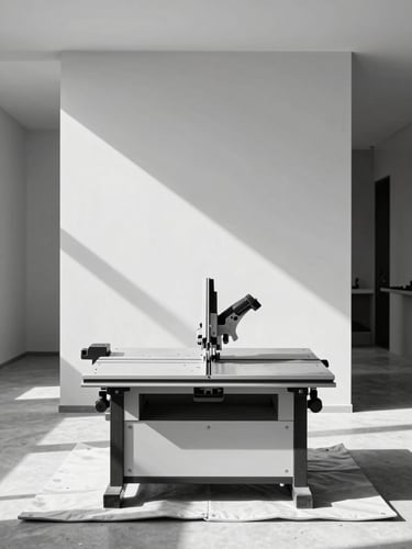Straight-on architectural photograph of a modern, clean construction workspace, high-contrast natural light, a high-end tile saw set up on a spotless floor protector, 35mm.