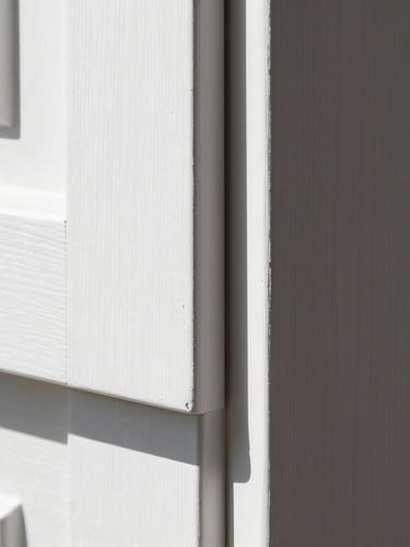 Extreme close-up of perfect miter joint in a white oak door casing, crisp architectural shadows, high-contrast minimalist background, 35mm