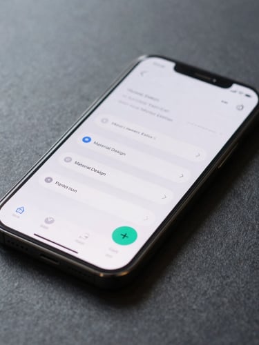 Macro overhead shot of a modern smartphone screen showing fluid Material Design UI animations, soft daylight casting subtle shadows on a dark slate desk.
