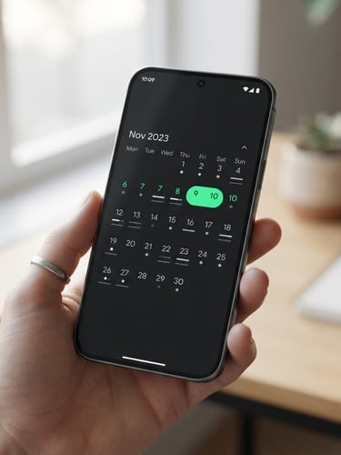 High-fidelity 3D device mockup of an Android phone displaying a clean, minimalist calendar UI with vibrant green accents, soft natural daylight, shallow depth of field, sharp focus on screen details.