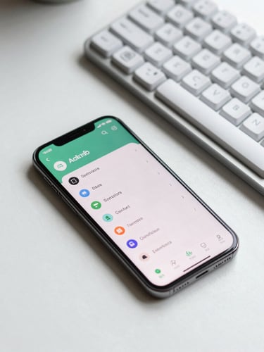 Overhead flat-lay of a modern developer workspace, an Android phone showing a clean system interface next to a mechanical keyboard, soft natural morning light