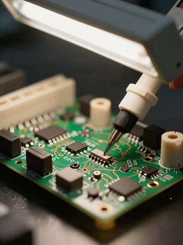 Extreme close-up of a populated PCB test rig under overhead fluorescent lab lighting, oscilloscope probe tips touching signal traces, sharp detail on solder joints and component markings, dark workbench surface visible at frame edge — no people, no warmth, clinical precision
