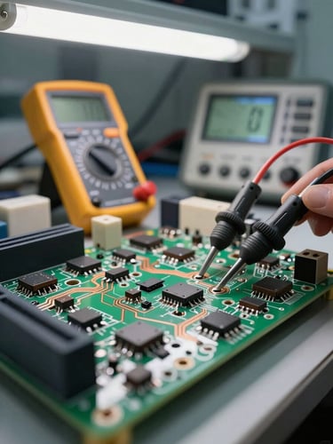 Close-up detail shot of a populated PCB test rig inside an electronics lab, probe leads clipped to surface-mount components, digital multimeter and logic analyzer visible in the background, overhead fluorescent tube lighting casting even illumination across the board traces, tight macro framing showing solder joints and copper signal paths in sharp focus