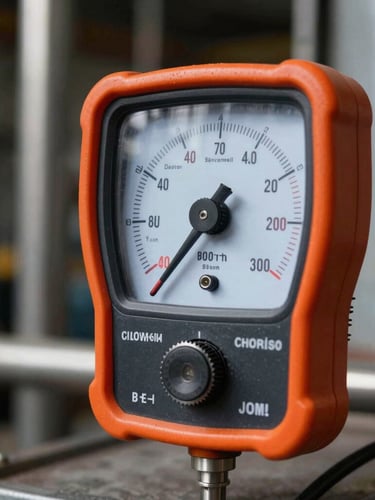 Close-up of a professional sound level meter measuring decibels in a high-contrast industrial environment, sharp focus, safety orange accents