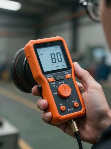 Close-up of a professional digital decibel meter held by an expert, measuring noise levels in a dimly lit industrial factory, sharp natural side-lighting, safety orange details, high contrast.