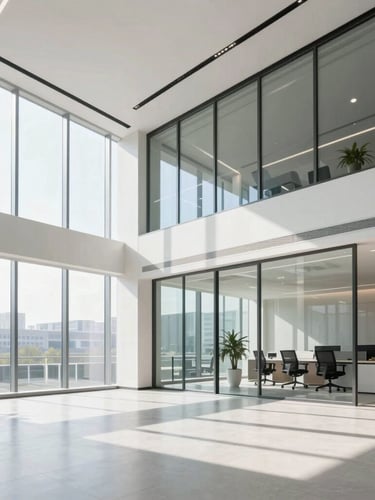 Bright sunlit modern corporate office interior, clean glass walls, natural morning light, professional architectural lines, 35mm