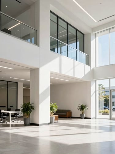 Sunlit modern corporate office lobby in Jacksonville, clean architectural lines, bright natural daylight, 35mm