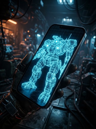 Low-angle close-up of a mobile phone screen displaying a glowing 3D wireframe mesh of a futuristic mech, dramatic neon blue backlighting, high-contrast cyber-industrial mood, octane render