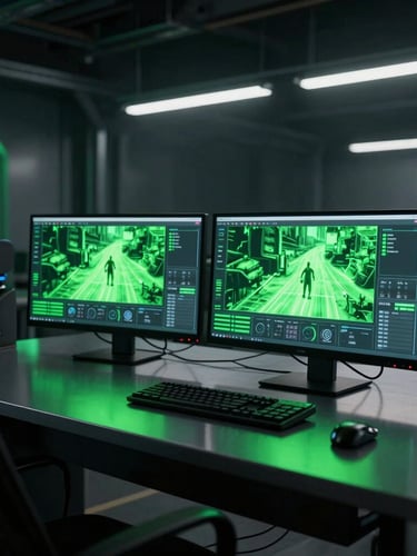 Dramatic studio lighting on a team workstation showing dual monitors with active 3D game engine viewports, glowing neon green reflections on metallic surfaces, high-contrast cyber-industrial mood, octane render