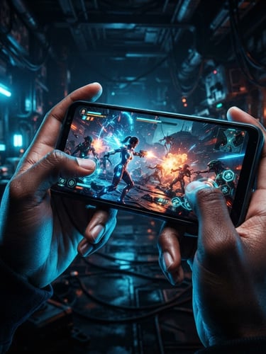 Dramatic close-up of a high-end mobile device displaying a vibrant 3D sci-fi action game, glowing neon blue reflections on hands, dark cyber-industrial background, octane render