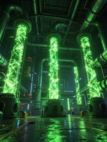 Cinematic wide game-world render of a cyber-industrial factory floor, glowing toxic green pipes, dramatic low-angle perspective, high-contrast neon lighting, octane render