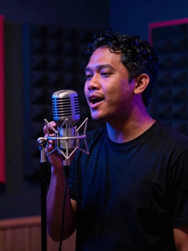 Candid portrait of a local Indonesian artist singing into a vintage microphone in a dark, neon-lit recording booth, 35mm lens