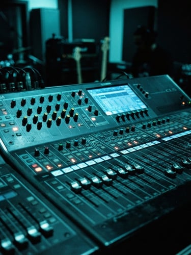 Moody dark-mode music photography with high-contrast cyan stage lighting, a close-up of a professional soundboard in a local Jakarta recording studio, 35mm lens