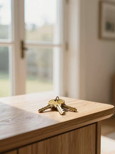 Warm editorial photography of a bright, sunlit modern home entryway, brass keys resting on a clean oak console table, soft morning window light, 35mm